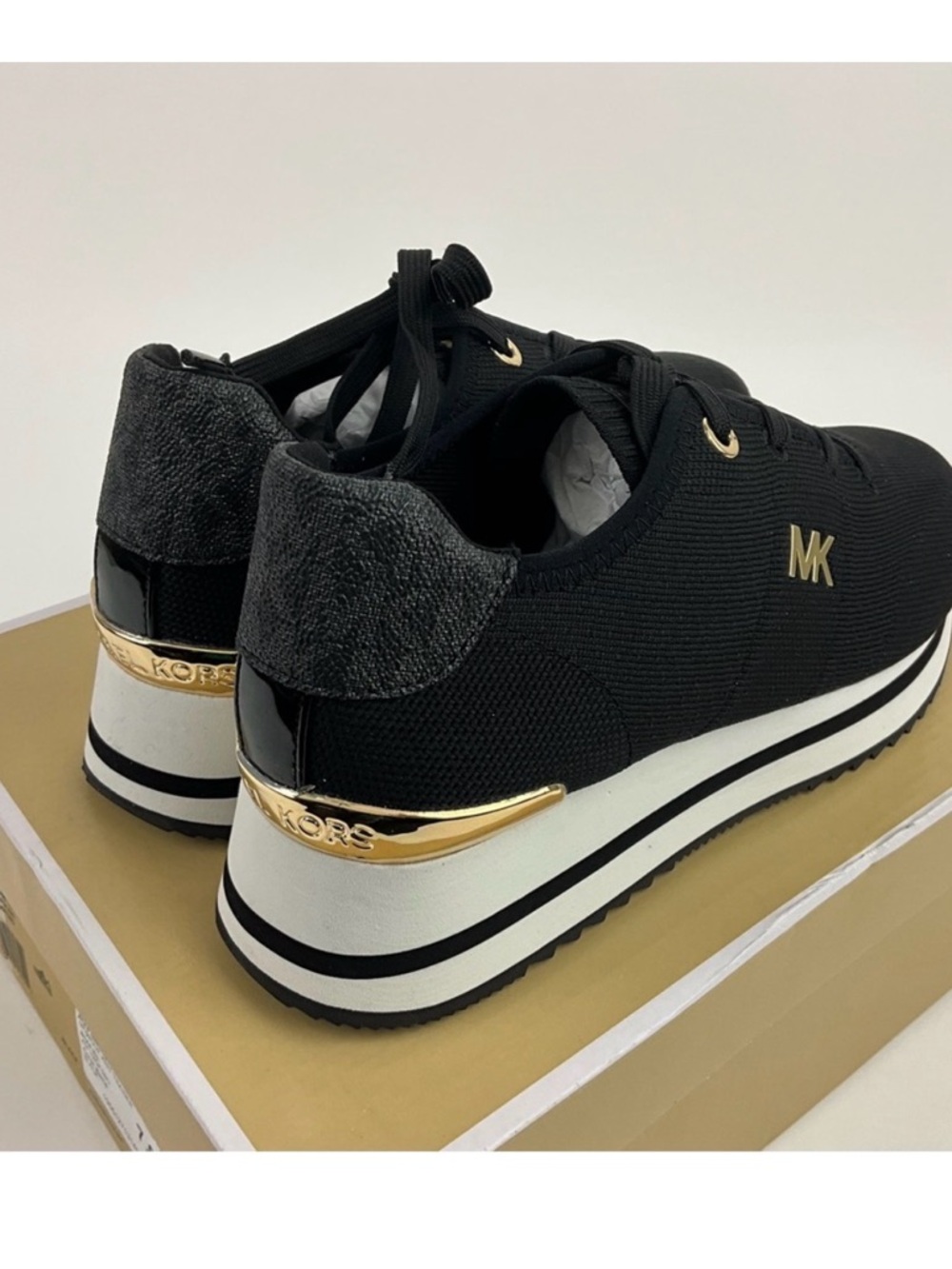 NWB Michael Kors Black Knit Platform Sneakers with White Stripe - Picture 4 of 8